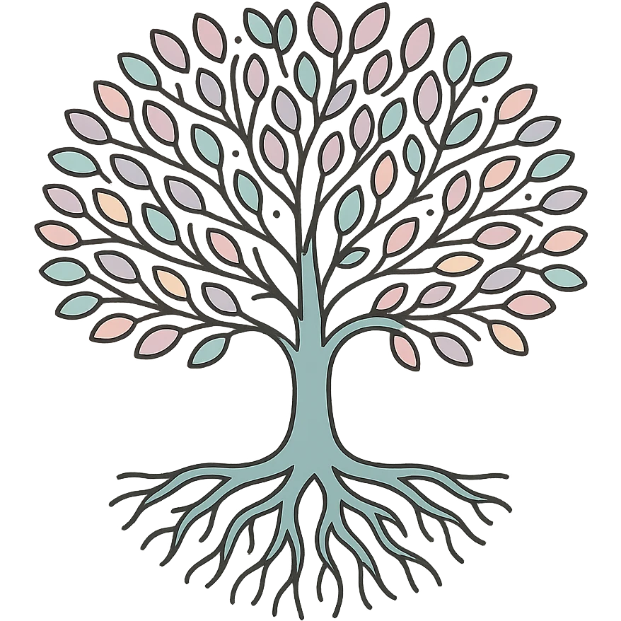 A tree symbolizing family history and a genealogical tree, volumetric with detailed shadows and highlights, with finely drawn branches, leaves, and roots as in the reference. Use thin clean contours, soft rounded shapes, pastel palette #98B5BC, #B5B3C1, #C9A3C9, #E4C0CA, #F7DCD1, #F7C0AA. Style inspired by modern Japanese pop-art and sticker aesthetics, with soft lighting and transparent background. emoji
