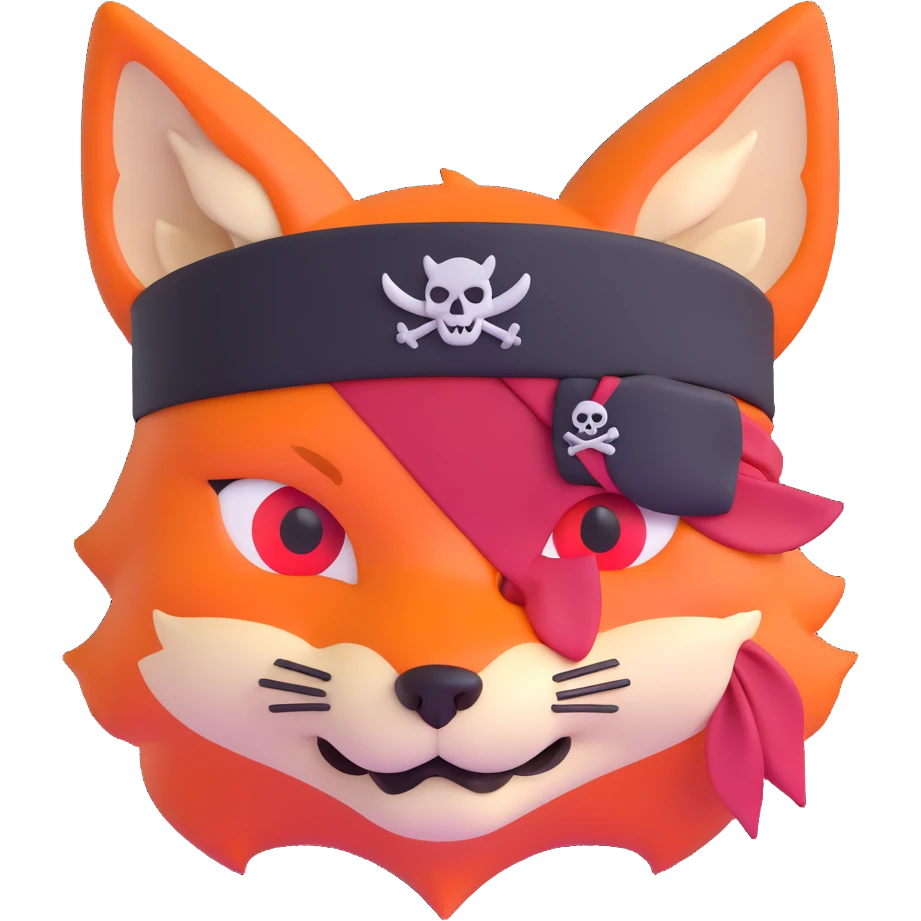 Fox with fiery red eyes, one eye covered with pirate blindfold emoji