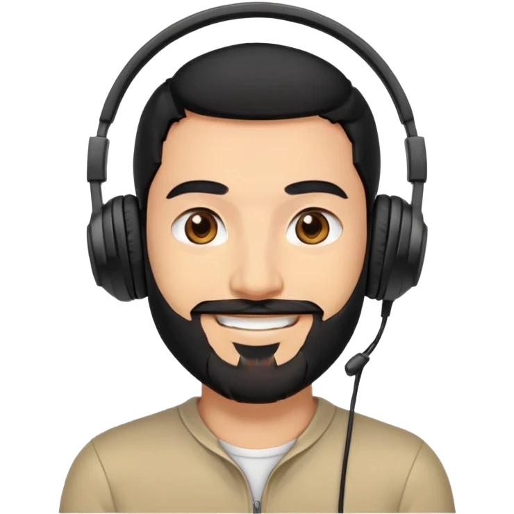 Smiling man with black hair, brown eyes, black beard wearing gaming headphones emoji