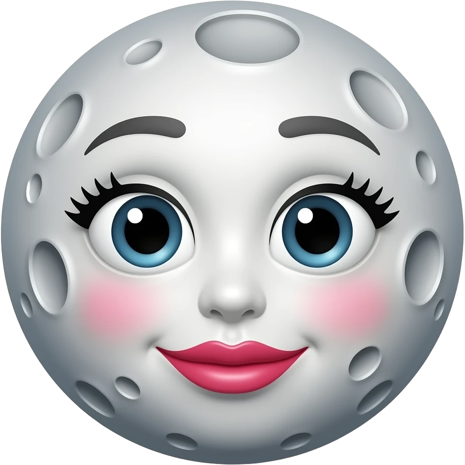 planet Moon with a cartoon kind face with feminine eyes and round craters for the moon. moon colored lips emoji