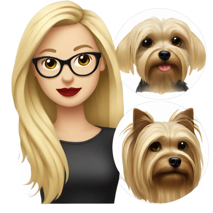 White girl, blonde hair, eyes closed, red lipstick wearing glasses hugs Yorkshire terrier  emoji