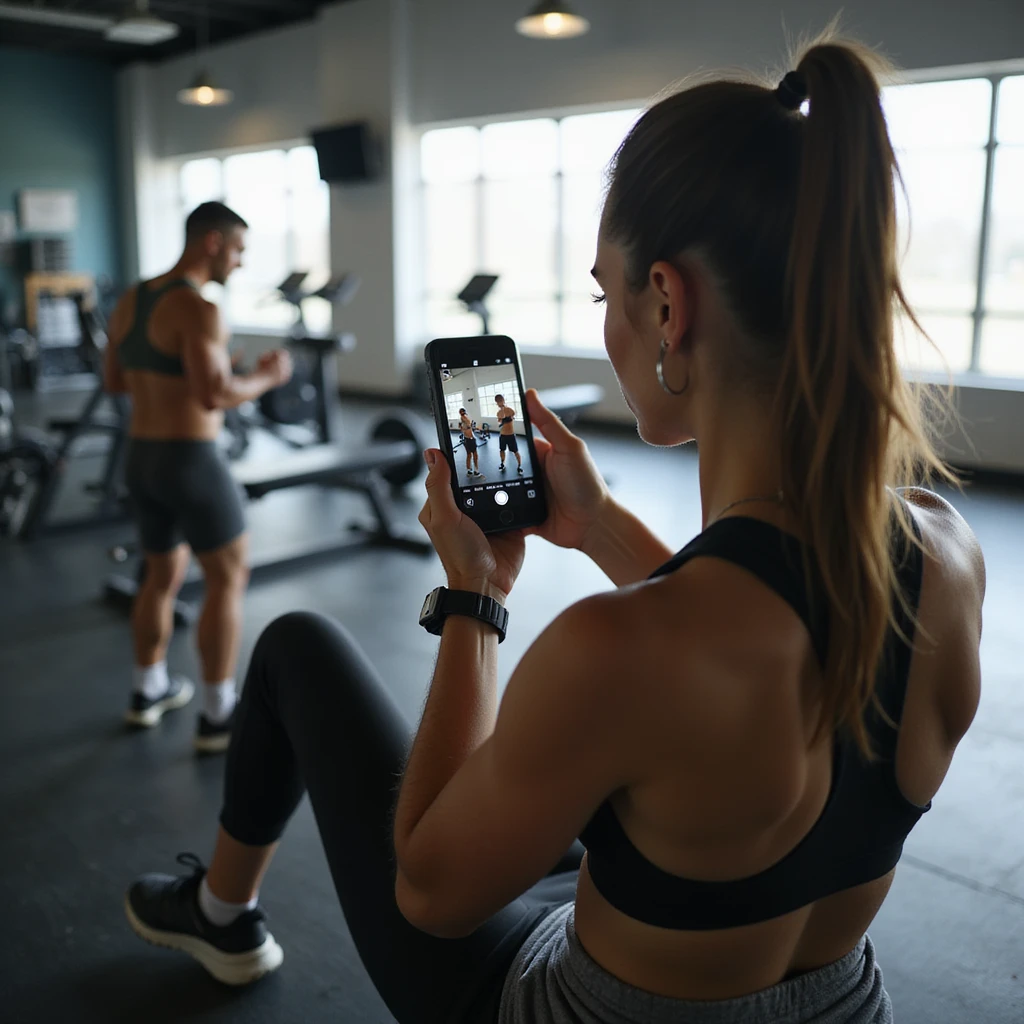 young woman in fitness clothing in gym, recording video check for coach with smartphone while doing bench press, tidy and bright environment, hyperrealistic details, 4K, 5/8 emoji