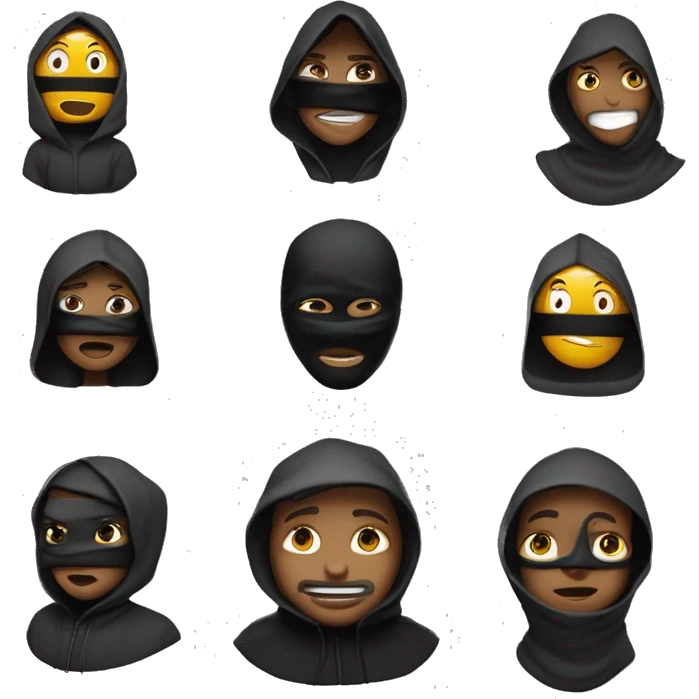 crée moi des emoji qui porte une capuche noire et un masque noir on ne vois pas sont visage et donne leur a chacun des interaction différente par exemple un qui pleure ou qui levé la main qui reflechie cree en plusieur sorte emoji