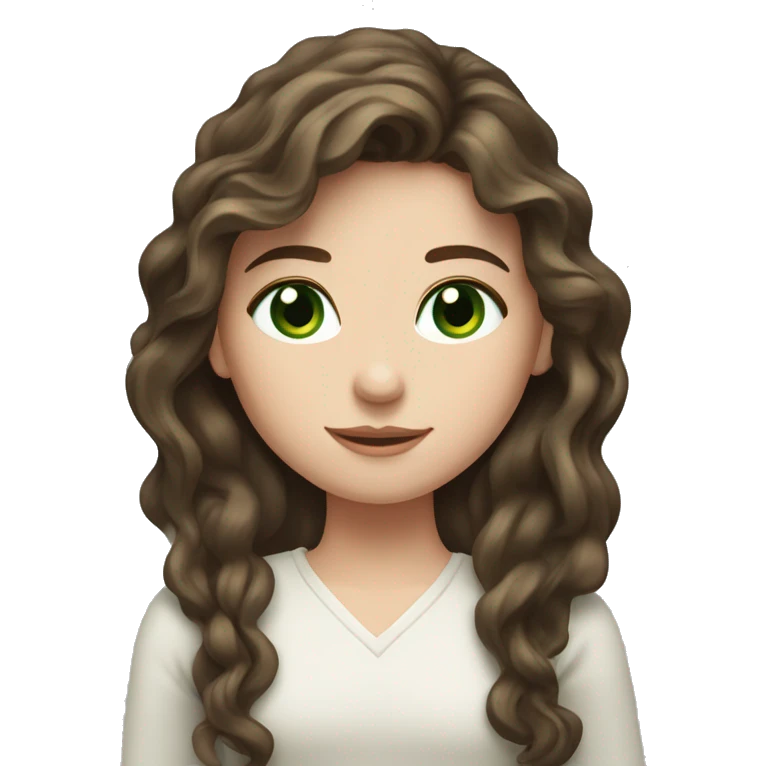Brunette girl with wavy long hair, white skin, Europe race,green eyes emoji