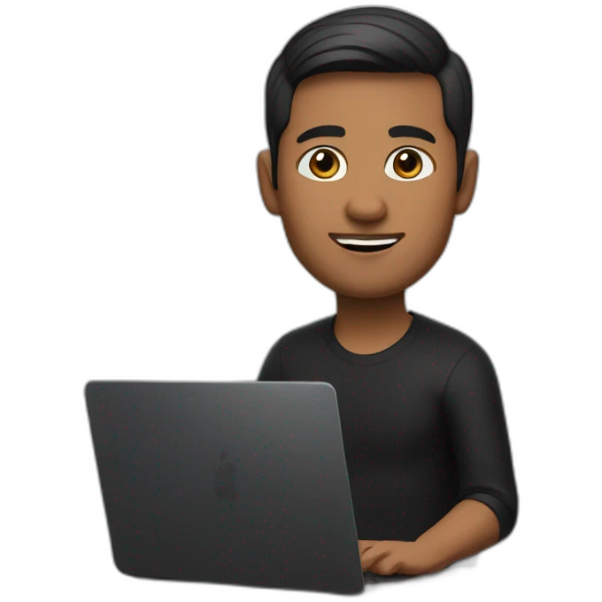     memoji of a man with a laptop in front, apple-style,modern,dark hair,black sweater,computer in hand, srilankan brown skin, sitting on his desk emoji