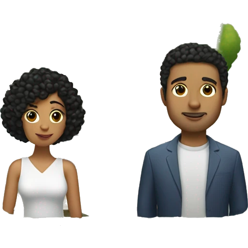 a small house with trees and a women with black short curly hair and a man golden skined and hair with a heart in the middle on top emoji