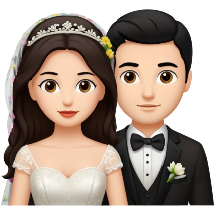 A bride and a groom. The woman is with dark brown hair, the man with black  emoji