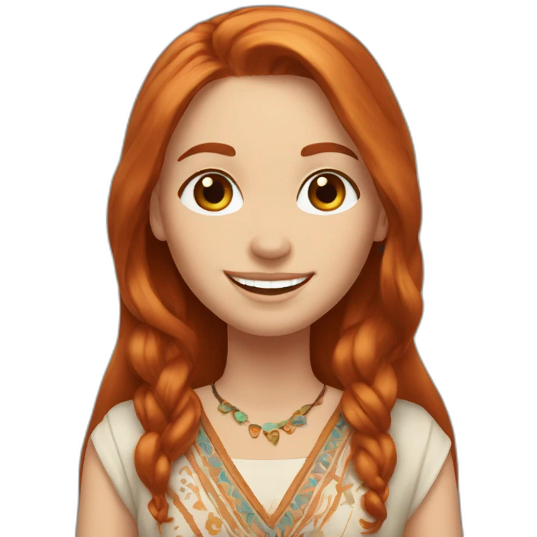 redhead white woman medium long straight hair, greets smiling, wearing boho dress emoji