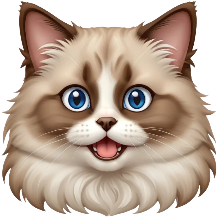cinematic-adorable-big-eyed-fluffy-brown ragdoll-cat-portrait-emoji,-head-tilted-playfully-with-a-cute,-yawn,-soft-brown-and white-colored-fur-with-darker-points-on-the-ears,-simplified-yet-irresistibly-cute-features, sparkling blue eyes emoji