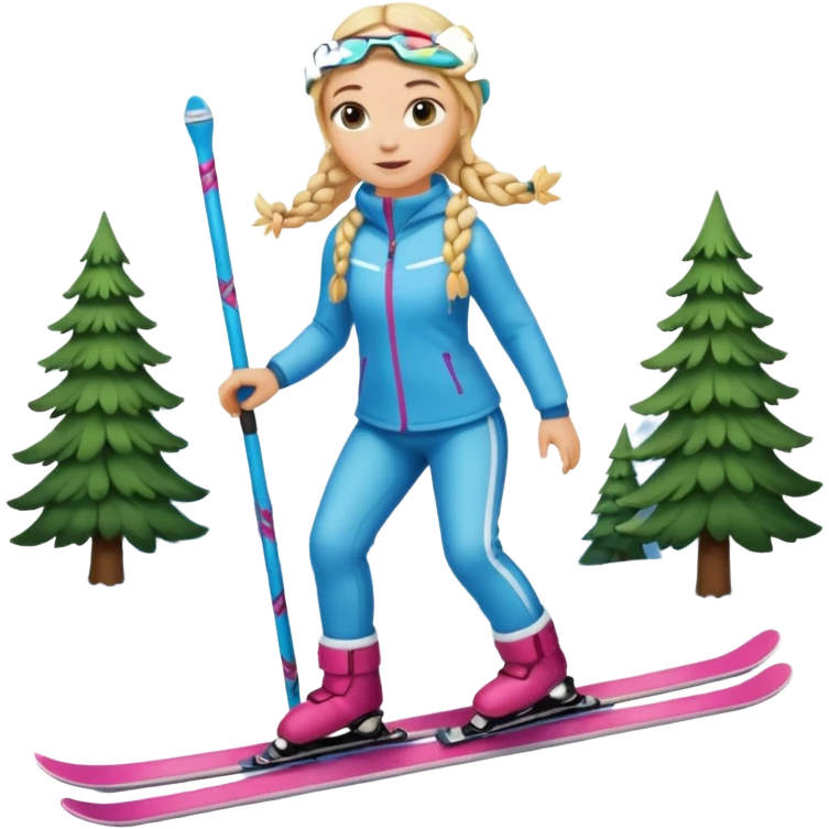 Blonde girl with braids standing on skis  emoji