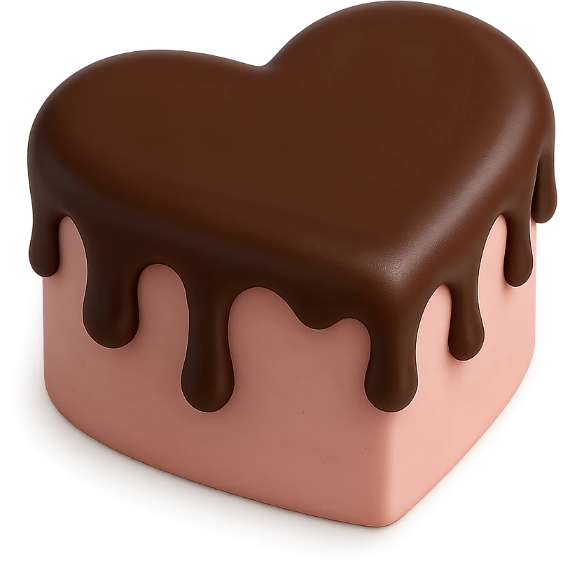 heart-shaped fondant cake with chocolate ganache emoji