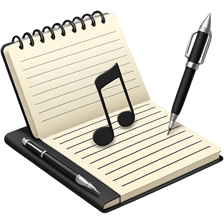Minimalistic flat vector icon, iOS style, thin black contour on white background. Small notebook with a musical note on the cover, a pen placed next to it. Clean, modern, no text, no shadows. emoji