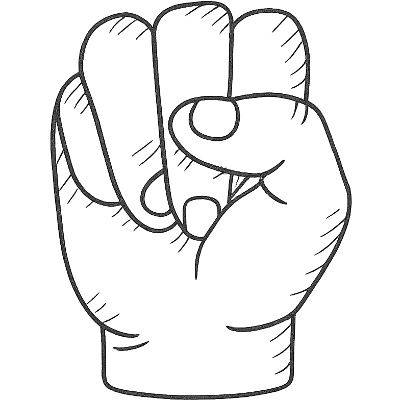 hand facing forward in a fist, thumb between index and middle fingers emoji