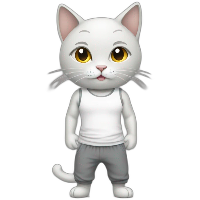 cat wearing a white tank top with grey sweat pants emoji