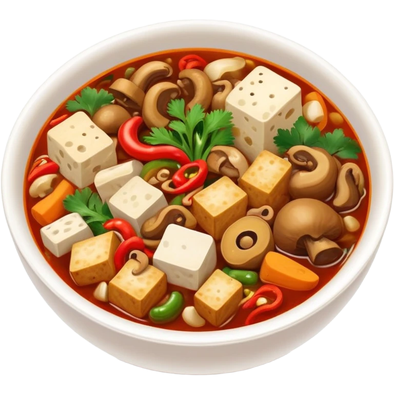 Chengdu Maocai spicy assorted ingredients in bowl, simplified emoji style with bold outlines and bright colors, cartoon style Sichuan street stew emoji