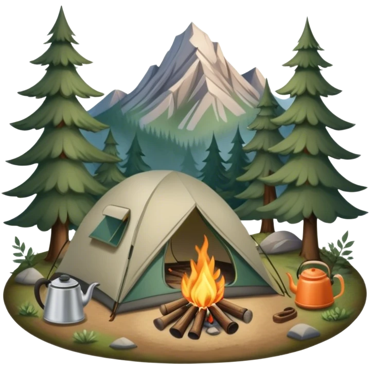 Icon for Hiking: a tent, and a kettle over a campfire, surrounded by trees and a mountain trail, a backpack, a walking stick. The icon should capture the adventure and warmth of camping. Transparent background. emoji