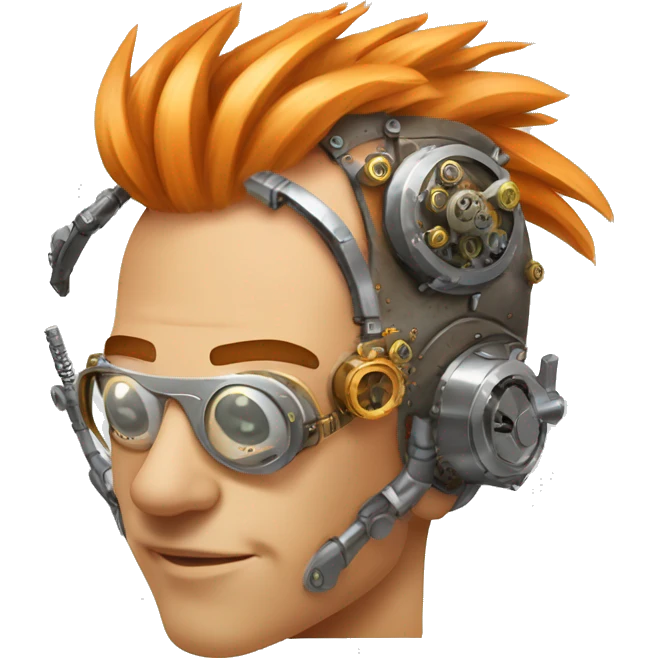 Light orange Mohawk hair male cyborg head with silver steampunk goggles and circuits emoji