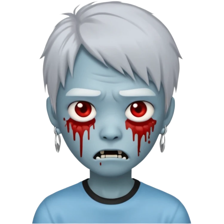emoji-style avatar with very pale blue-grey zombie skin like , a young Asian face, and large eyes with blood tears. Give it white mullet-style hair, silver hoop earrings, and a simple black T-shirt. The expression should be neutral or slightly angry emoji