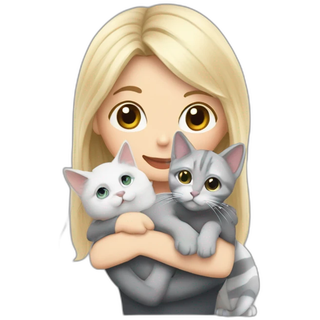A blond whit hirl with one silver round glasess in her face is hugging one grey stripet cat and there ar alot of harts around them emoji