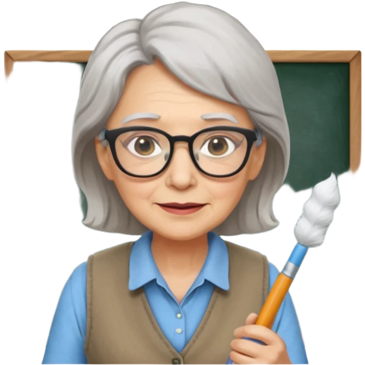 Female Teacher – older woman, similar vest attire, glasses, holding chalk emoji