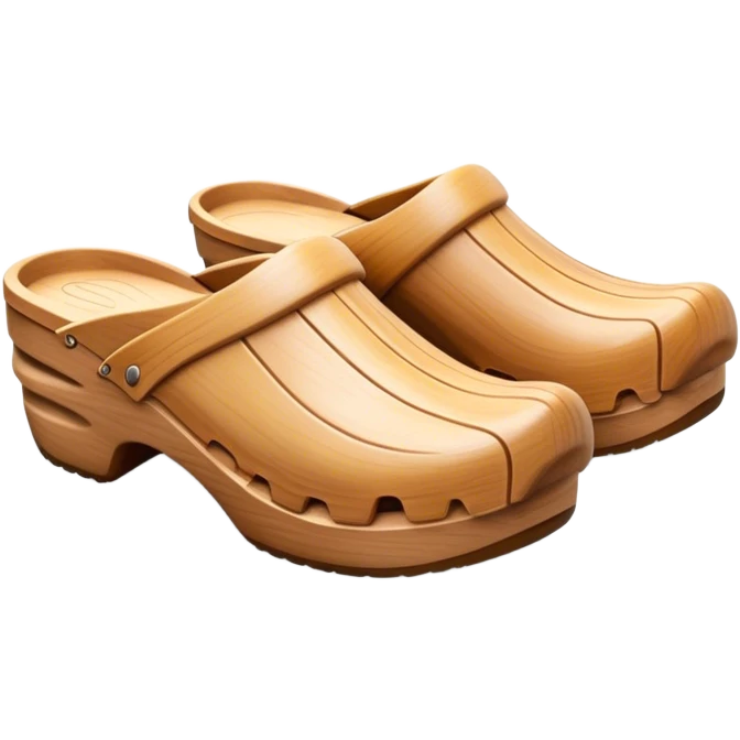 Cinematic Realistic Wooden Clogs Emoji, depicting the classic handcrafted footwear with a smooth, curved design and sturdy wooden soles, rendered with rich textures and warm, natural lighting. emoji