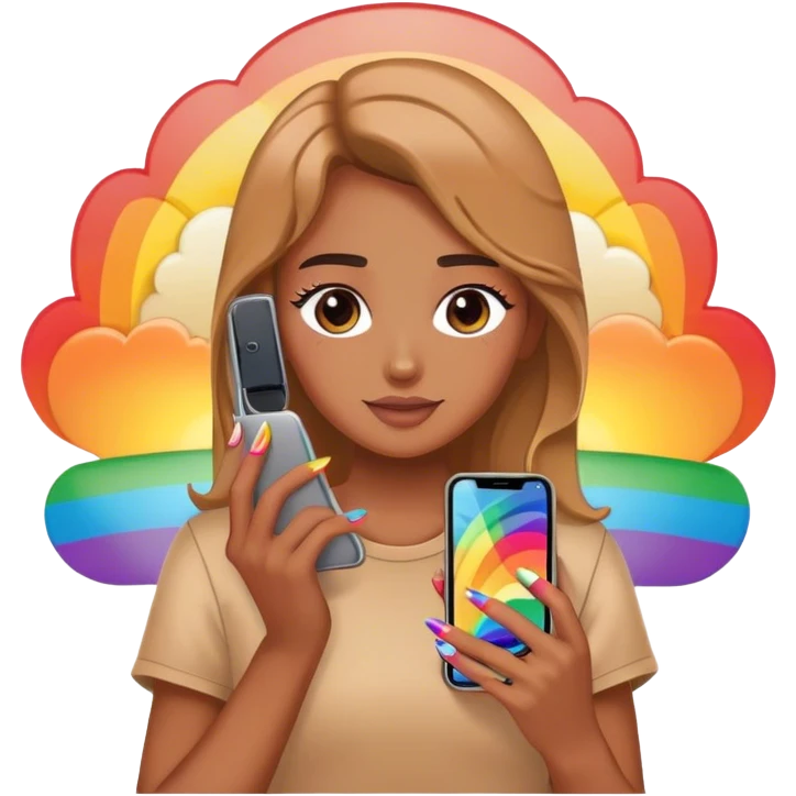A person holding a phone with a sunset, phone, cover and with rainbow nails emoji