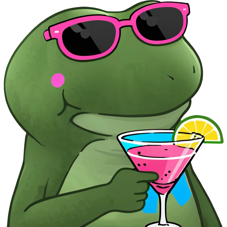 bufo frog with oversized pink sunglasses holding a rainbow cocktail smiling emoji