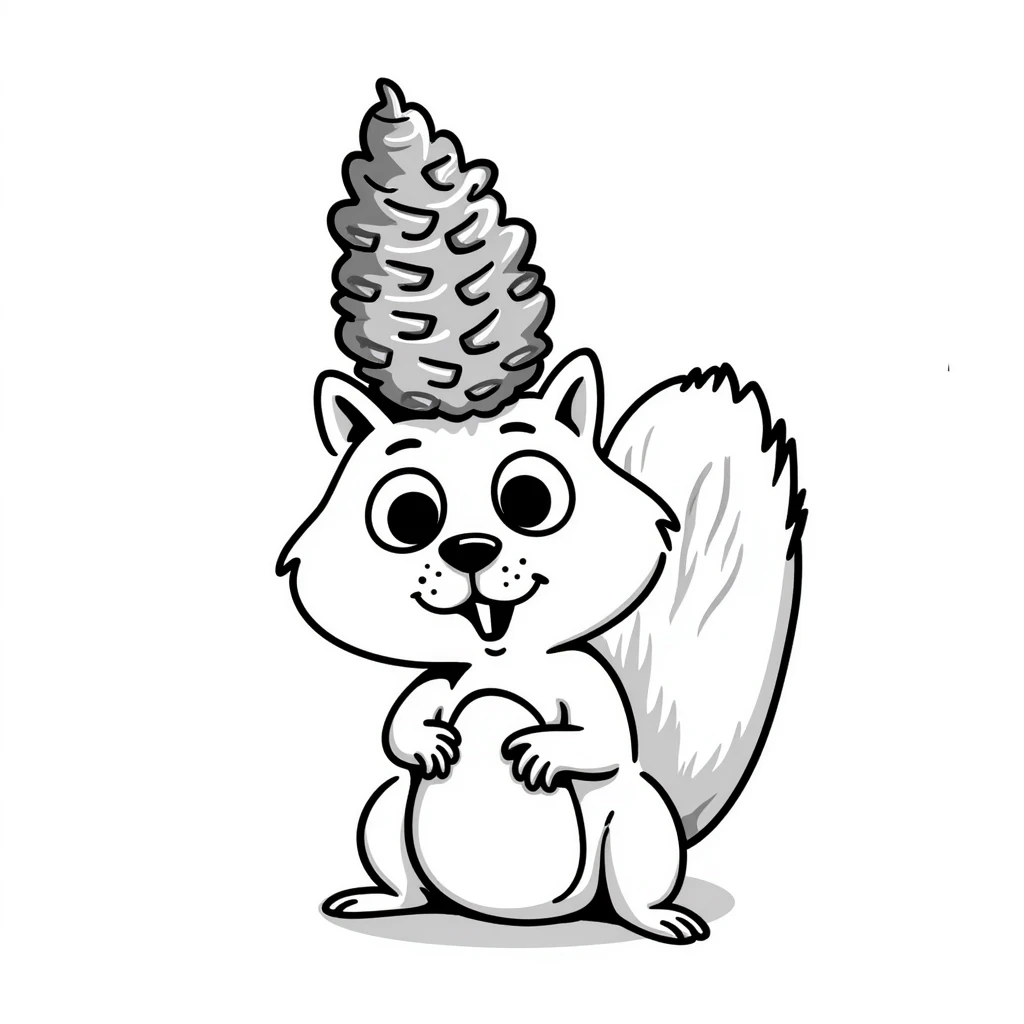 A greedy little squirrel with a large pine cone balanced on top of its head, making a strange, creepy expression emoji