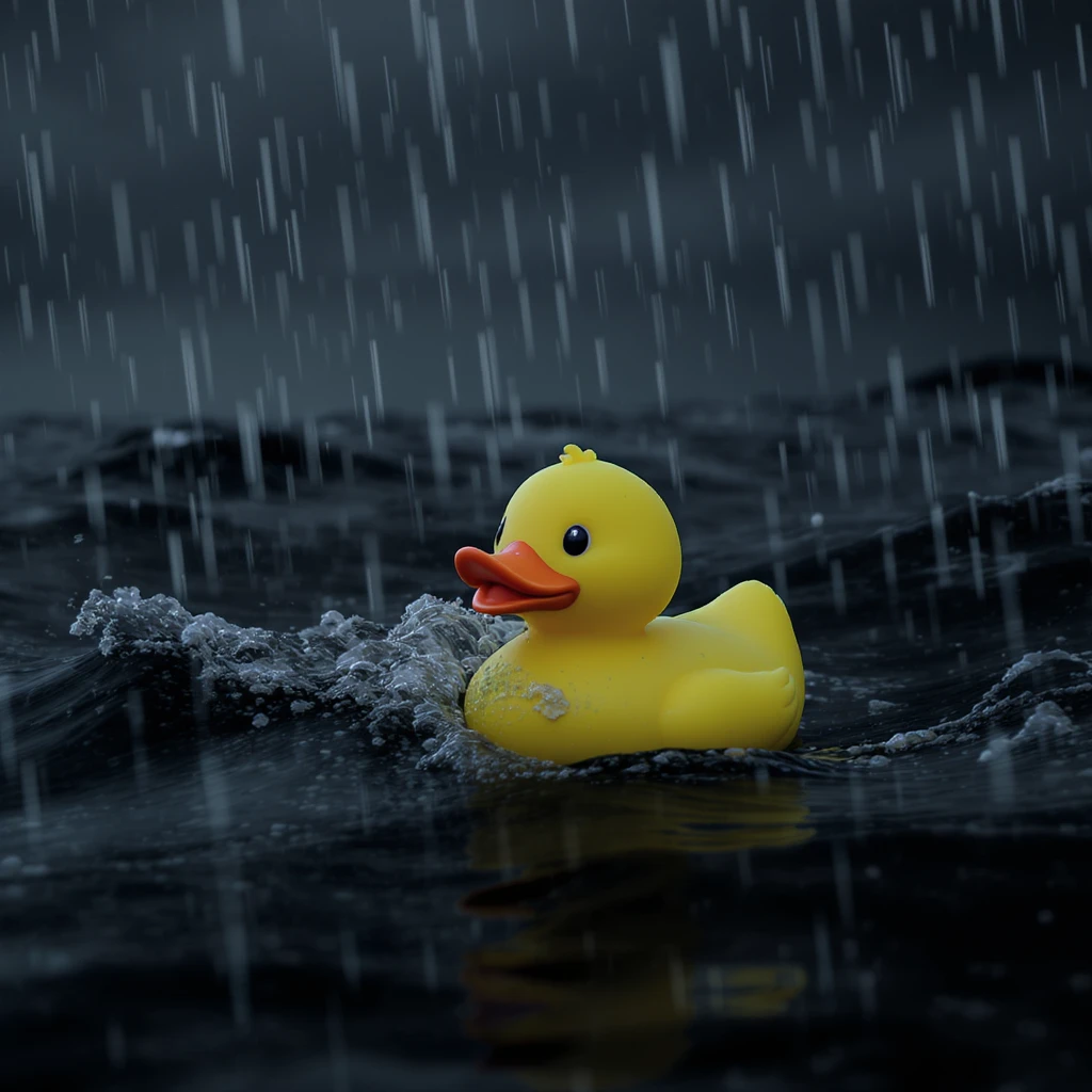 Cinematic still, Closeup shot of Yellow duck toy on ocean during storm, inspired by interstellar  emoji