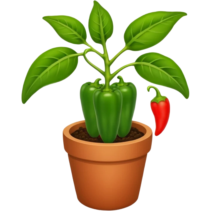 Potted green pepper plant with small red peppers growing on it emoji