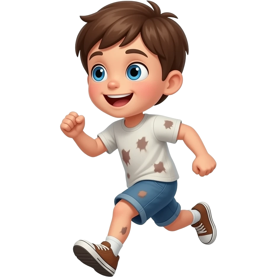 un chico con los ojos hazules i el pelo castaño. Tiene 5 años i esta emocionado. tiene la ropa manchada esta corriendo emoji