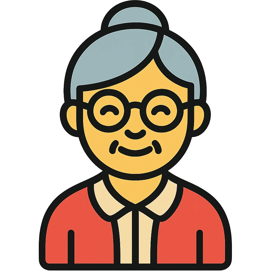 elderly smiling granny who looks like a librarian, glasses, neat hair bun, cardigan emoji