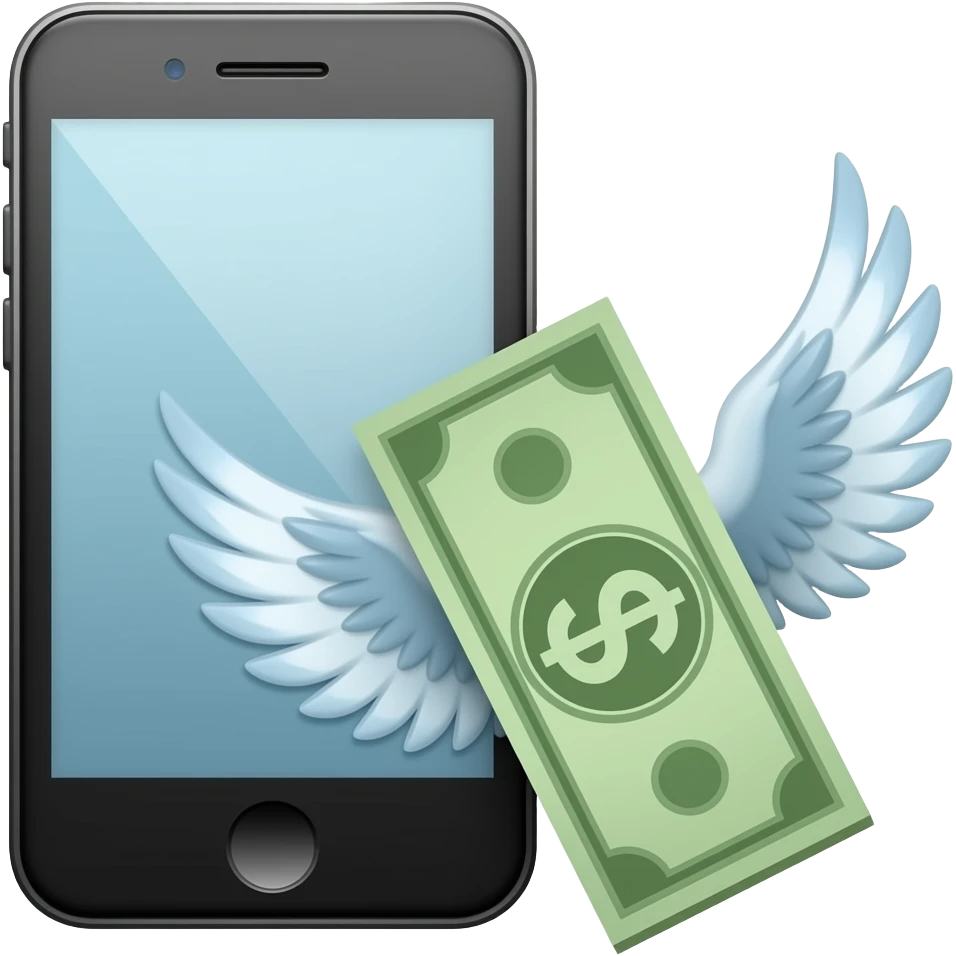 A cell phone, with a banknote with wings next to it emoji