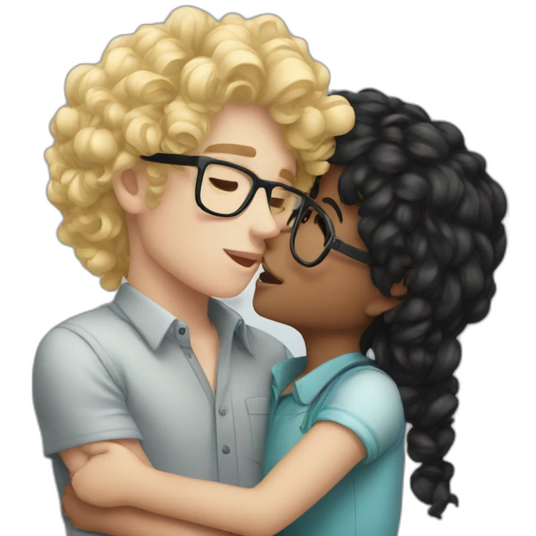 Boy curly blonde hair glasses kissing girl black hair emoji