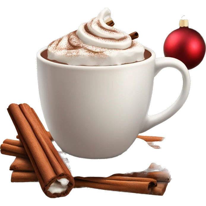 Christmas mug of hot chocolate with whipped cream and cinnamon emoji