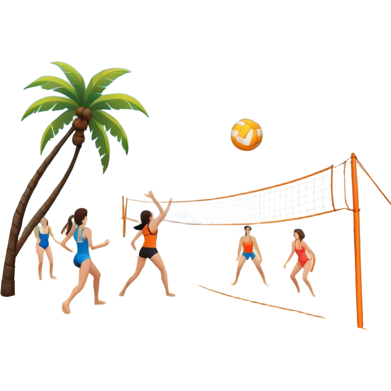 The scene captures a sunny sea beach atmosphere with clear blue sea and sky, palm trees swaying, and people in swimsuits enjoying the vibrant surroundings. A volleyball resting on the orange sand ground of a beach, with a volleyball net in the background.  emoji