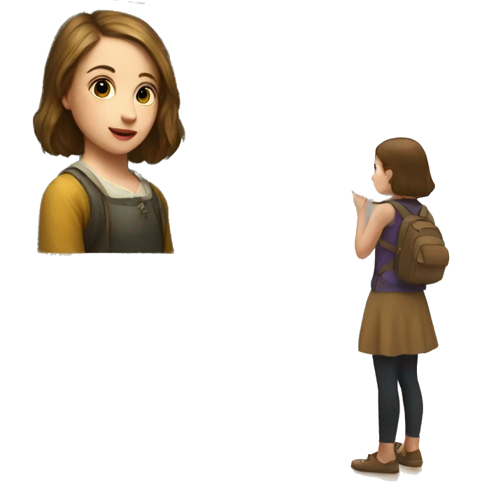 girl in museum watching at picture emoji