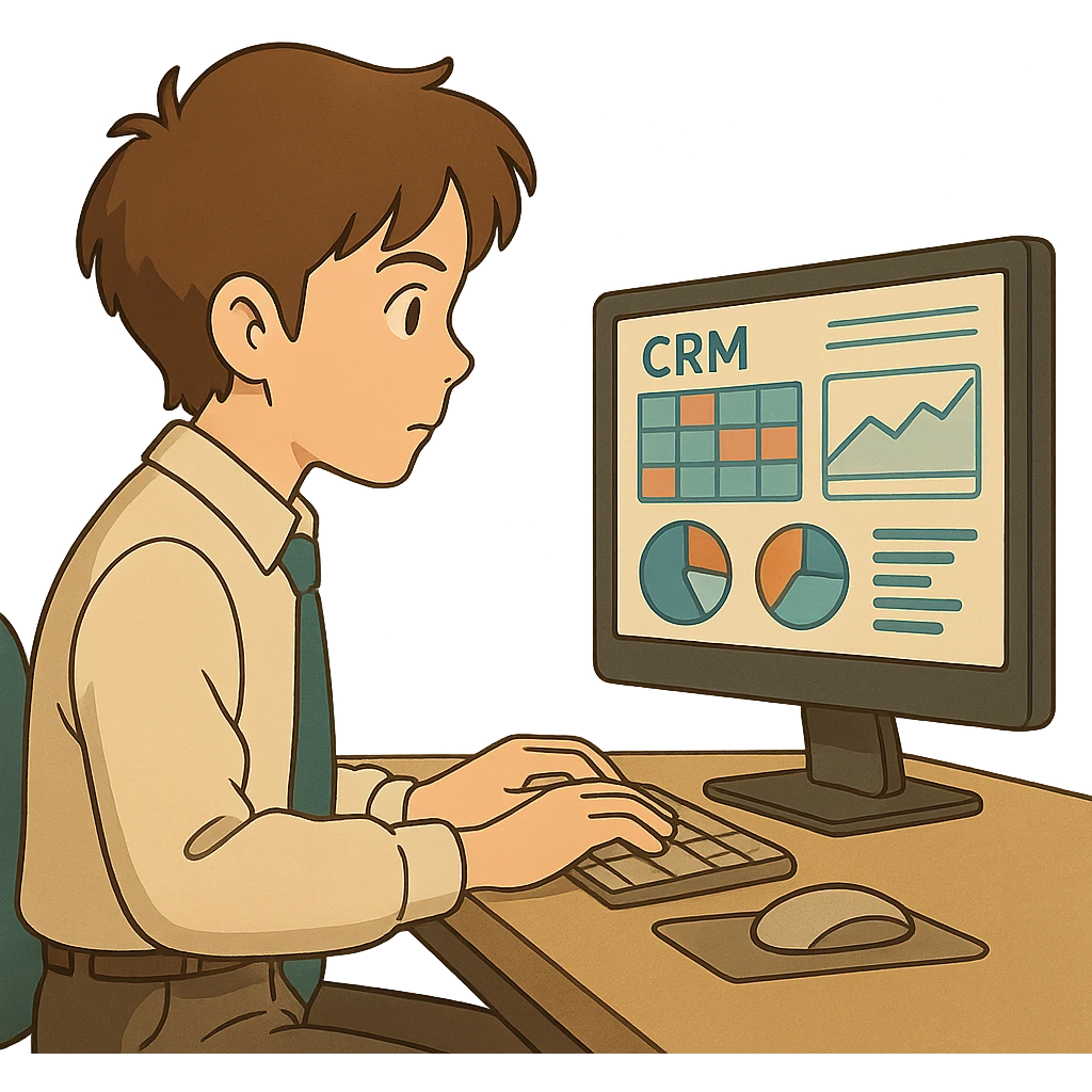 ghibli style office worker with brown hair, focused on CRM dashboard on screen emoji