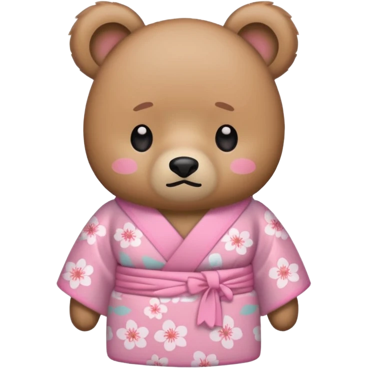 A cute light-brown bear wearing a pastel pink sakura-patterned kimono, normal balanced body ratio.  
Tears pooling under the eyes and softly streaming down cheeks, sad trembling mouth and droopy ears.  
Kawaii emoji style, minimalistic clean sticker illustration, white background. emoji