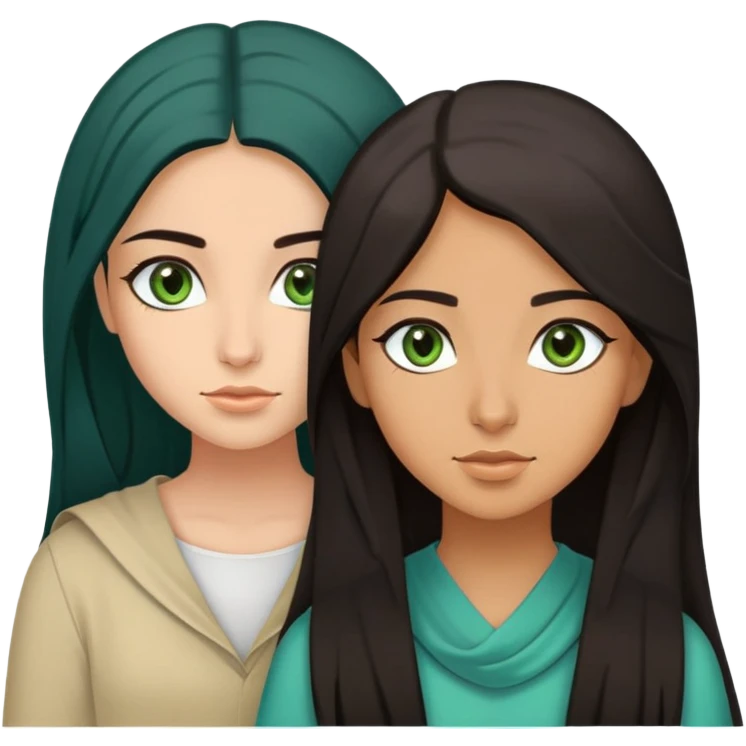 Two middle eastern girls one with greenish blue eyes and black layered hair, the other one with green eyes and long brown hair, make them both olive skin toned emoji