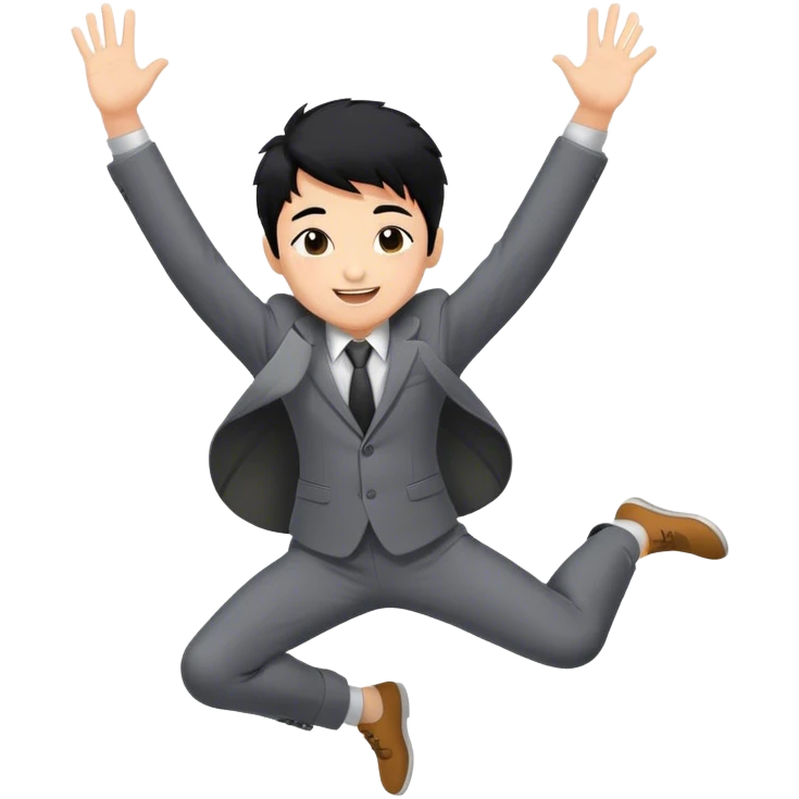 A business man boy who is happy and jumping high with hands up and hurray with black grey suit emoji
