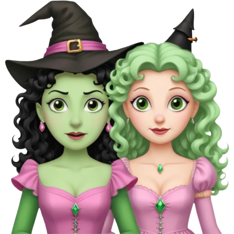 make an emoji of the green wicked witch standind behind the good witch Glinda and being overly protective looking angry and glinda looking happy emoji