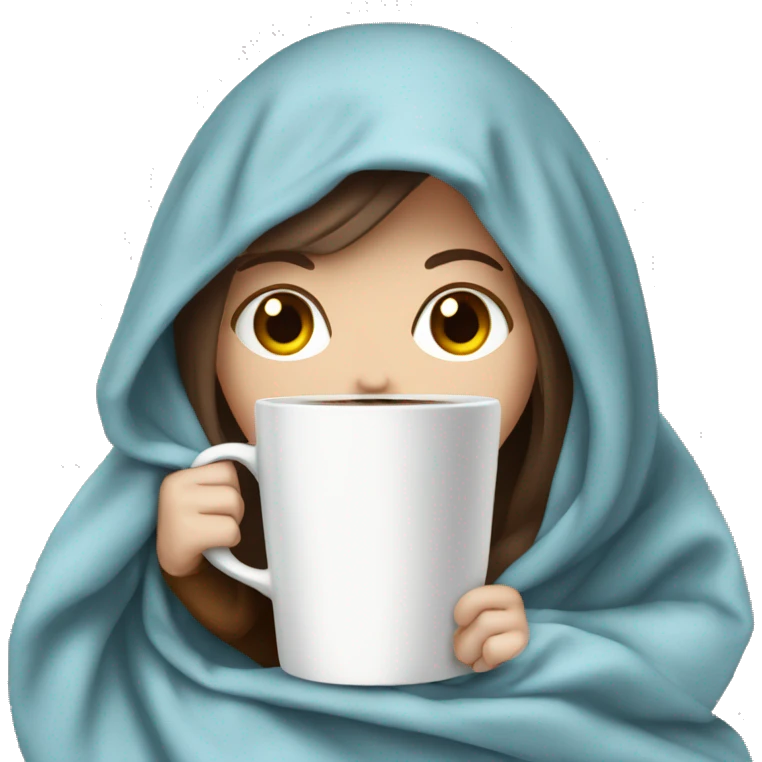 White girl with brown hair and blue eyes inside a blanket sipping coffee emoji
