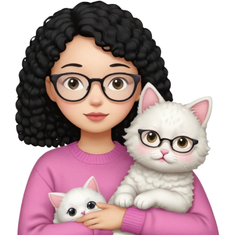 a girl with a black perm hair, wearing a pink sweater and glasses, holding a cute white cat, only upper body emoji