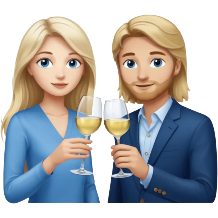 A woman with blue eyes and long balayage brown blond hair and a man with blue eyes and light brown hair, they toast to each other with a glass of white wine.  emoji