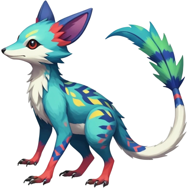 Rare realistic exotic edgy epic pretty beautiful handsome gorgeous aesthetic colorful vibrant Vernid-Trico-species-Fakemon-creature by LiLaiRa, 4 legs, 1 tail, random markings, (full body) emoji