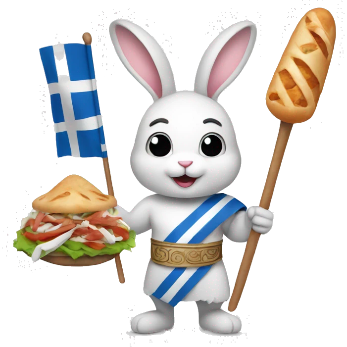 Easter bunny wearing a Greek flag holding a gyros emoji