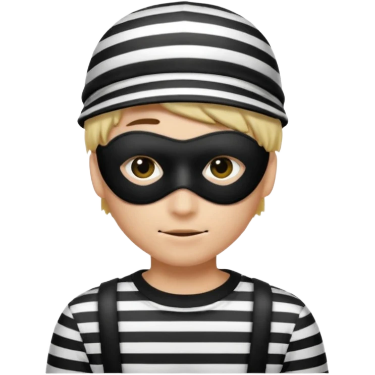 Realistic ios emoji-style portrait of a classic burglar, a black eye mask and a black-and-white striped shirt. Highly detailed, natural skin texture, soft cinematic lighting, realistic shadows, smooth gradients, clean outline, glossy reflections in the eyes. emoji-like hair, burglar’s hat  emoji