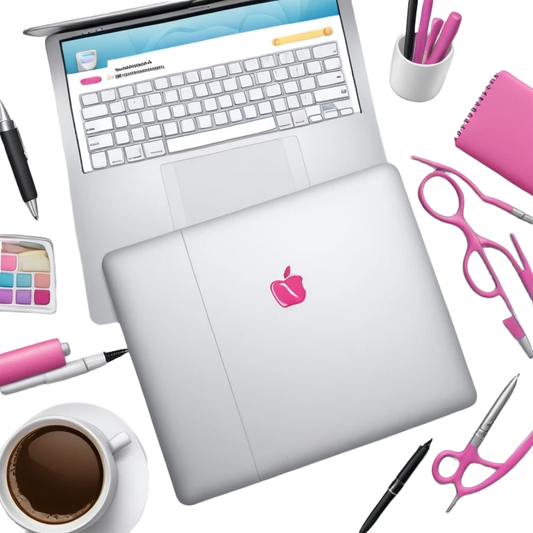 top view of a MacBook with a beauty salon logo on the screen, a notebook with one page filled with notes, and a pen laying on the notebook emoji