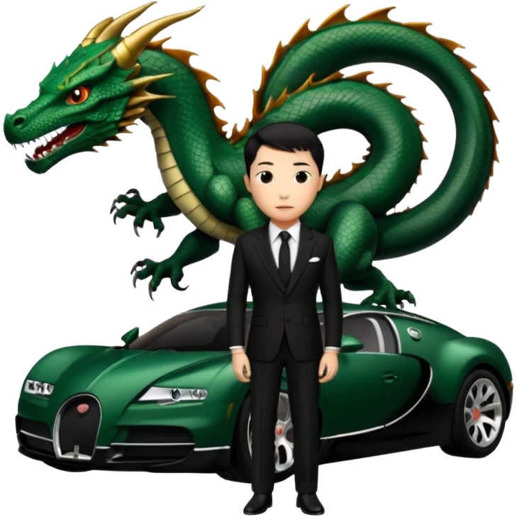 mysterious scenery: green audemars piguet watch (without text), black bugatti, and a dark green dragon, and a mysterious chinese agent from The Matrix with his eyes censored emoji